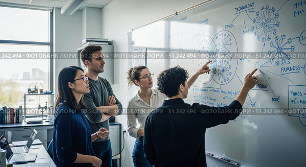 Diverse business team brainstorming on whiteboard in modern office, group of colleagues discussing technology, ethics, and fairness on a diagram. Стоковое AI-изображение, AI-художник Павел Муравьев / Фотобанк Лори