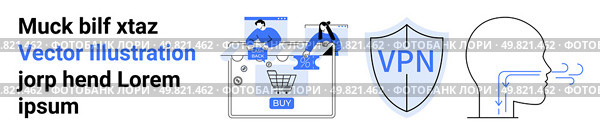 Diverse elements including online shopping cart, VPN shield, and human head with airflow illustration. Ideal for e-commerce, cybersecurity, privacy, healthcare, digital marketing, technology. Online Shopping, VPN Security, and Respiratory Health Visuals in Modern Technology Context. Стоковая иллюстрация, агентство Ingram Publishing / Фотобанк Лори