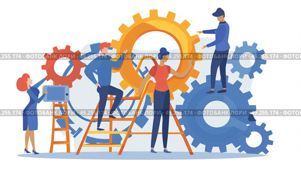 Diverse group of individuals collaborating and manipulating gears on a white background. Стоковое AI-изображение, AI-художник Данила Большаков / Фотобанк Лори