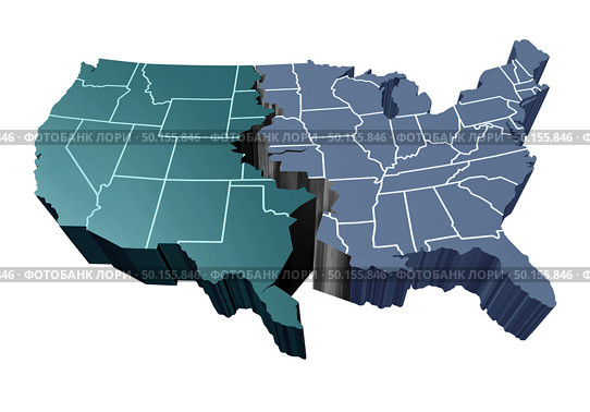 Divided nation and divisions in the United States and partisan politics as Republicans and Democrats split and widen the political gap in the country as a 3D illustration. Стоковое фото, агентство Ingram Publishing / Фотобанк Лори