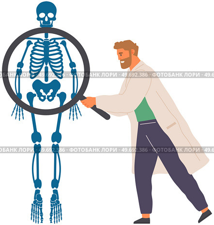 Doctor analyzes results of medical checkup. Male scientist looking at x-ray of human body. Treatment, health care, diagnosis. Specialist diagnoses patient by roentgen. Orthopedist examining skeleton. Doctor analyzes results of medical checkup. Male scientist looking at x-ray of human body, skeleton. Стоковая иллюстрация, агентство Ingram Publishing / Фотобанк Лори