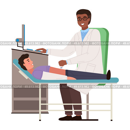 Doctor conducts an ultrasound of patient s abdominal cavity. Boy on consultation at the hospital. Gastroenterologist examines the belly of a young guy. Physician works at clinic with special equipment. Doctor conducts an ultrasound of the patient s abdominal cavity. Boy on consultation at the hospital. Стоковая иллюстрация, агентство Ingram Publishing / Фотобанк Лори