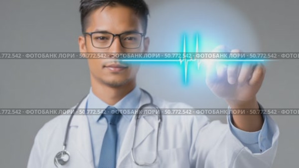 Doctor drawing heartbeat symbol on virtual screen. Стоковое AI-видео, аниматор Юрий Поздников / Фотобанк Лори