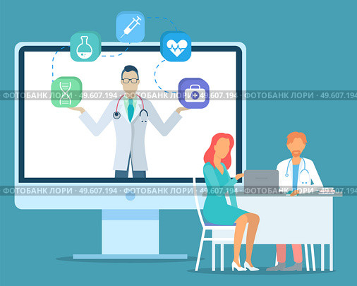Doctor holding web icons at screen of computer. Medicine icons for website dna, flask, syringe, heart, cardiogram, first aid. Patient woman sitting with doctor, physician, therapist, table with laptop. Patient with doctor sitting at table using laptop, doctor with medical icons at computer screen. Стоковая иллюстрация, агентство Ingram Publishing / Фотобанк Лори