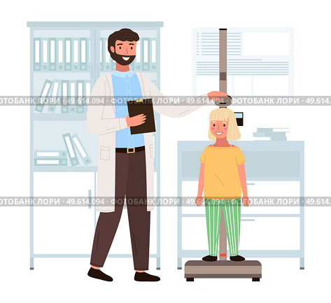 Doctor measures the child s height. Patient on consultation in medical office with a doctor. Girl on medical check-up with male pediatrician doctor. Physical examination of the growth process. Doctor measures the child s height. Patient on consultation in medical office with a doctor. Стоковая иллюстрация, агентство Ingram Publishing / Фотобанк Лори