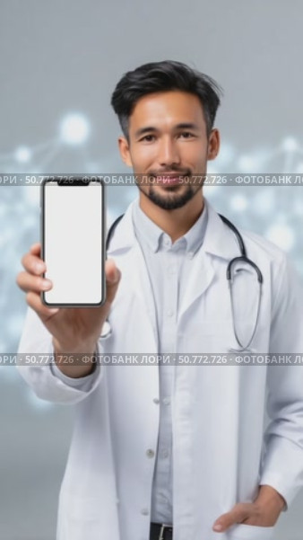 Doctor showing smartphone with white display on connected world background. Стоковое AI-видео, аниматор Юрий Поздников / Фотобанк Лори