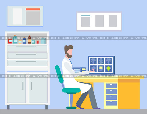 Doctor sitting in cabinet looking at results of magnetic resonance imaging or computer tomography scan. Medical diagnosis, disease treatment vector. Doctor Looking at Results of Patient Brain Scan. Стоковая иллюстрация, агентство Ingram Publishing / Фотобанк Лори