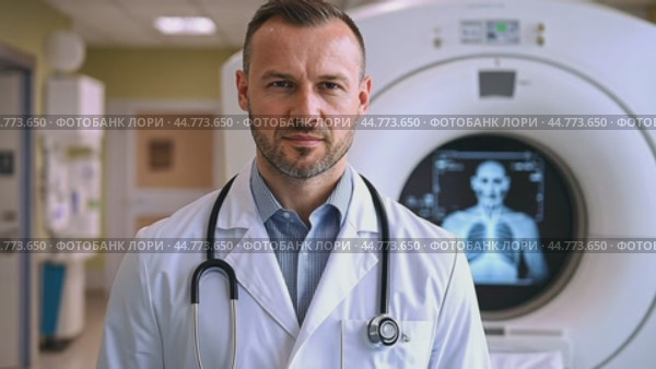 Doctor standing next to a ct scan machine in a hospital. Стоковое AI-видео, аниматор Юрий Поздников / Фотобанк Лори