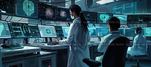 Doctors are in a large diagnostic center near the monitors. Panoramic banner. Стоковое AI-изображение, AI-художник Ярославский Максим / Фотобанк Лори