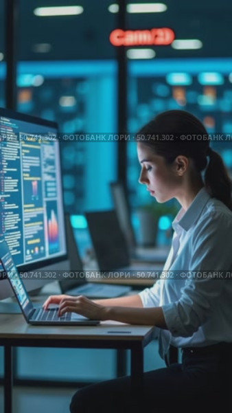Document Management System (DMS). Businesswoman working on laptop with virtual screen. Online documentation database and document management system concept. Internet Technology cloud storage. Стоковое AI-видео, аниматор Sergey Grishin / Фотобанк Лори