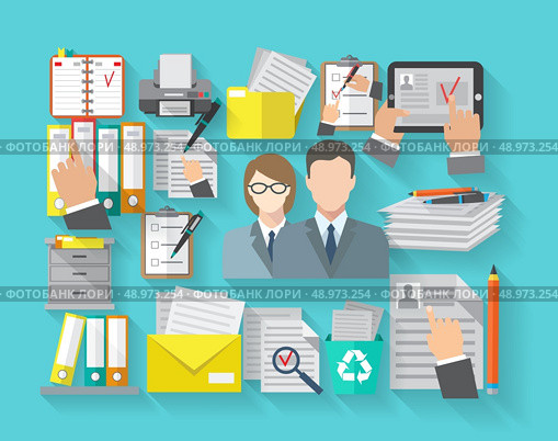 Documentation concept with office workers and archive organizing flat icons set vector illustration. Стоковая иллюстрация, агентство Ingram Publishing / Фотобанк Лори