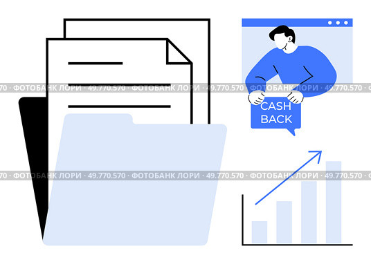 Documents, a folder, a person holding a cash back sign, and a growth chart. Ideal for financial management, savings, document organization, financial growth, and business planning themes. Financial Management Concept with Documents, Cash Back Savings, and Growth Chart. Стоковая иллюстрация, агентство Ingram Publishing / Фотобанк Лори