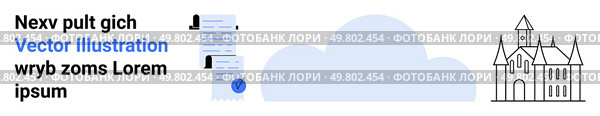 Documents, cloud, and castle outline. Ideal for cloud storage, data management, digital security, information technology, online services, secure storage solutions, remote access. Landing page. Cloud Storage Concept with Documents and Digital Certification for Data Management. Стоковая иллюстрация, агентство Ingram Publishing / Фотобанк Лори