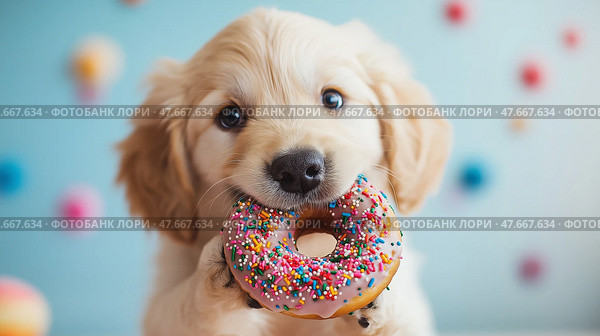 Dog joyfully holds a colorful donut in its mouth in playful setting, copy space. Собака радостно держит в пасти разноцветный пончик в игривой обстановке. Стоковое AI-изображение, AI-художник Katsiaryna Repich / Фотобанк Лори