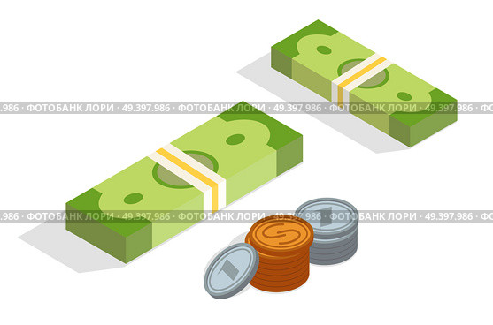 Dollar banknotes in packs and coins in stack isometric projection icons. Packed bills, gold and silver coins vector isolated on white background. Money in cash 3d illustration for business concepts. Стоковая иллюстрация, агентство Ingram Publishing / Фотобанк Лори