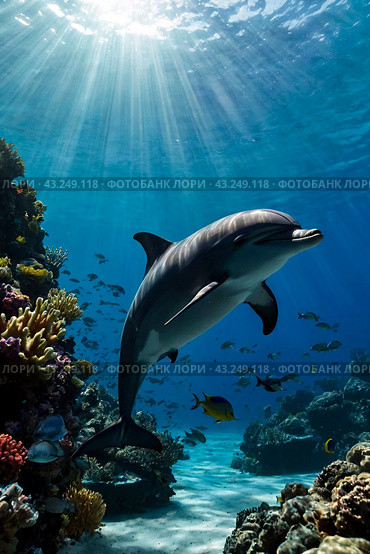 Dolphin (Delphinidae) mammal swimming in tropical underwaters. Silhouette Dolphin in underwater wild animal world. Observation of wildlife ocean. Scuba diving adventure in Ecuador coast. Copy space. Стоковое AI-изображение, AI-художник Aleksandr Golubev / Фотобанк Лори