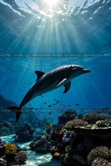 Dolphin (Delphinidae) mammal swimming in tropical underwaters. Silhouette Dolphin in underwater wild animal world. Observation of wildlife ocean. Scuba diving adventure in Ecuador coast. Copy space. Стоковое AI-изображение, AI-художник Aleksandr Golubev / Фотобанк Лори