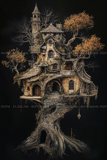 Дом в кроне дерева. Стоковое AI-изображение, AI-художник Сергей Козинцев / Фотобанк Лори
