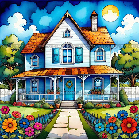 Домик с цветами. Иллюстрация для детской книги. Акварель. A house with flowers. An illustration for a children's book. Watercolour. Стоковое AI-изображение, AI-художник Гер Олег / Фотобанк Лори