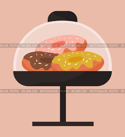Donuts with icing on stand with high leg, under glass dome-lid. Glazed pastries. Yummy sweets. Breakfast in the cafe coffee and icing donuts. Cafeteria desserts. Catering. Ready baked cakes.. Glazed donuts on a stand, under a glass lid. Cafe sweet pastries. Catering. Flat isolated image. Стоковая иллюстрация, агентство Ingram Publishing / Фотобанк Лори