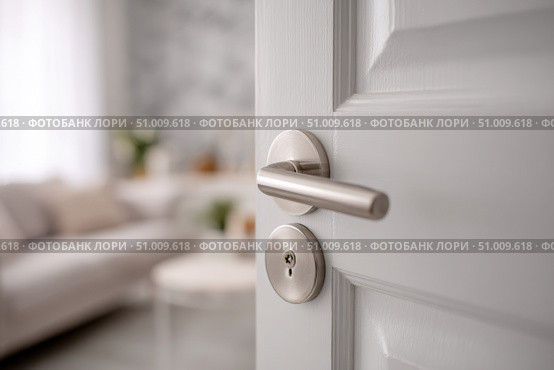 Doorknob. Metal door handle lock and latch of brass on veneer doors. Door wooden half opening through interior bedroom background, selective focus. Modern trends in interior design. Close-up. Стоковое AI-изображение, AI-художник Марина Демидюк / Фотобанк Лори
