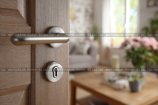 Doorknob. Metal door handle lock and latch of chrome on veneer doors. Door wooden half opening through cozy living room interior background, selective focus. Modern trends of interior design. Close-up. Стоковое AI-изображение, AI-художник Марина Демидюк / Фотобанк Лори