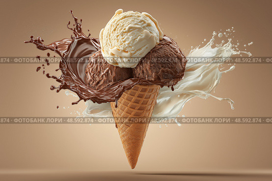 Double scoop ice cream cone splashing with chocolate and vanilla flavors. Двойной рожок мороженого с шоколадным и ванильным вкусами. Стоковое AI-изображение, AI-художник Katsiaryna Repich / Фотобанк Лори