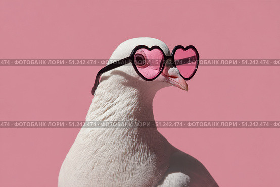 Dove wearing heart shaped pink sunglasses on a studio pink color background. Copy space for text. Cute funny white pigeon dressed fashion clothes. Humor, Love, Romance concept. Valentines Day Holiday. Стоковое AI-изображение, AI-художник Марина Демидюк / Фотобанк Лори
