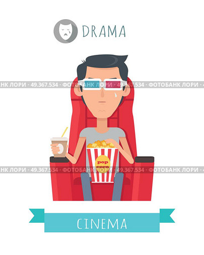 Drama film concept. Crying moved man seating on comfortable chair with drink and popcorn in cinema isolated flat vector. Cinemaddict on film premiere. Entertainment on 3D attraction. For movie promo. Drama Movie Flat Style Vector Concept. Drama Movie Flat Style Vector Concept. Стоковая иллюстрация, агентство Ingram Publishing / Фотобанк Лори