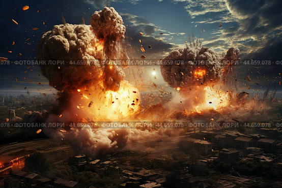 Dramatic digital illustration of massive explosions devastating a cityscape under a dark, ominous sky. Стоковое AI-изображение, AI-художник Иван Рябоконь / Фотобанк Лори