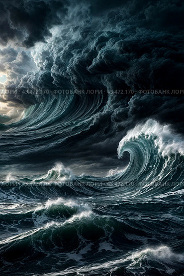 Dramatic scenery of giant tsunami waves at dark stormy sky background with tornado on urban skyline. Poster of meteorology eco climate problem. Apocalyptic scene, doomsday concept. Copy ad text space. Стоковое AI-изображение, AI-художник Aleksandr Golubev / Фотобанк Лори