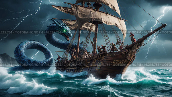 Dramatic sea battle with a dragon-like creature and a pirate ship in stormy waters at dusk. Стоковое AI-изображение, AI-художник Сергей Толмачёв / Фотобанк Лори