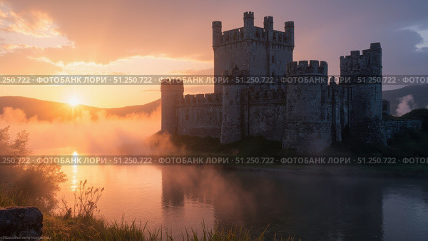 Dramatic sunrise illuminating medieval castle shrouded in fog. Стоковое фото, фотограф David Kashakhi / Фотобанк Лори