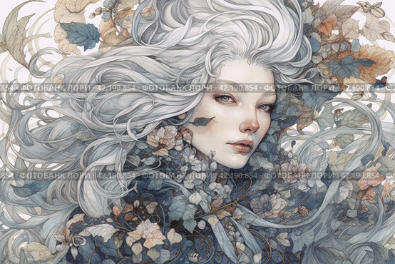 Drawing of a long-haired woman in shades of gray, portrait, ,Generative AI. Стоковое AI-изображение, AI-художник Анна Кривицкая / Фотобанк Лори