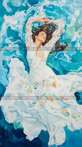 Dreamy Escape: Woman in White Dress Floating on Turquoise Waters, a serene painted escape into blissful tranquility. Стоковое AI-изображение, AI-художник Данила Большаков / Фотобанк Лори