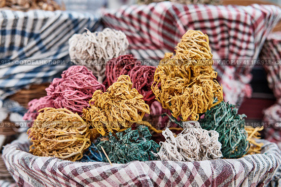 Dried, painted colorful plants of Jericho rose, heart of desert as souvenir for tourists in Egypt (2021 год). Стоковое фото, фотограф Ирина Кононова / Фотобанк Лори