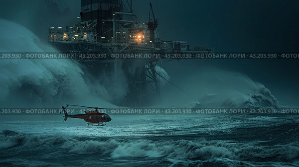 Drilling platform in the ocean during a strong storm. Huge waves rise around the platform, emphasizing the power and severity of nature. In the foreground is a red helicopter, dwarfed by the stormy sea. The bright lights of the drilling platform illuminate the structure and some of the surrounding water. The scene conveys a tense and dramatic atmosphere, highlighting the dangerous working conditions on the high seas. Стоковое AI-изображение, AI-художник Анна Кривицкая / Фотобанк Лори