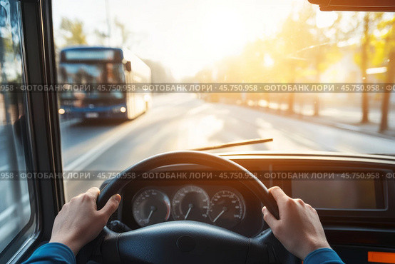 Driver turns steering wheel of truck, bus at sunset. POV. Skilled chauffeur drives lorry to deliver freight. Cargo shipping service. Journey. Drivers Hands on a wheel. Travel. Personal Perspective. Стоковое AI-изображение, AI-художник Марина Демидюк / Фотобанк Лори
