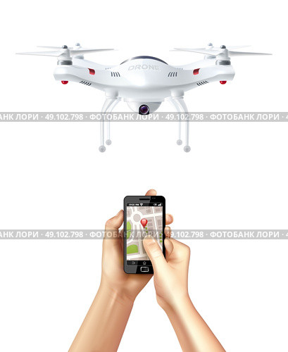 Drone And Smartphone With  Navigation App. Unmanned drone and smartphone with  navigation app in human hands realistic concept vector illustration. Стоковая иллюстрация, агентство Ingram Publishing / Фотобанк Лори