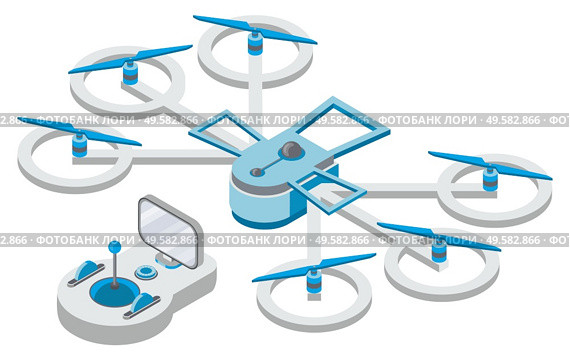 Drone with remote controller, wireless device with propellers, quadcopter symbol, aircraft with remotely radio controlled flying robots, discovery air robot for video and photo, multicopter vector. Quadcopter and Remote Controller, Drone Vector. Стоковая иллюстрация, агентство Ingram Publishing / Фотобанк Лори