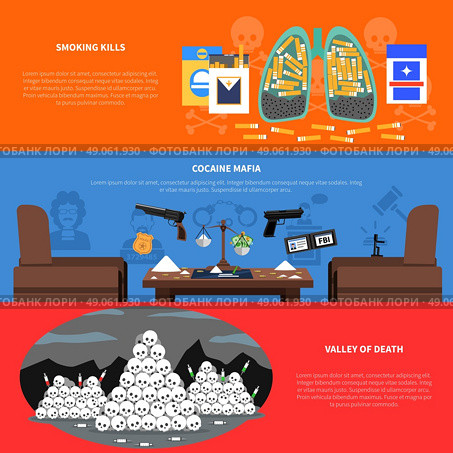 Drug Banners Set . Drug horizontal banners set with smoking kills cocaine mafia and valley of death symbols flat isolated vector illustration . Стоковая иллюстрация, агентство Ingram Publishing / Фотобанк Лори