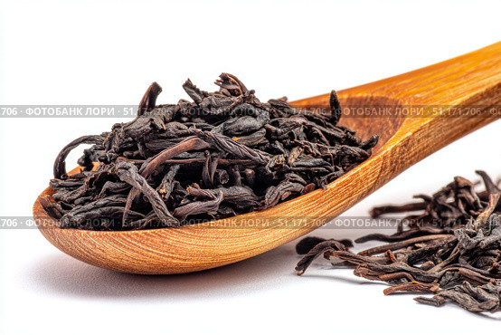 Dry black tea leaves in a wooden spoon isolated on white background. Pile of Dried fermented tea. Black Tea Leaves Heap. Close Up, Macro. Texture. Copy Space. Dried Tea. Abstract Food Drink Backdrop. Стоковое AI-изображение, AI-художник Марина Демидюк / Фотобанк Лори