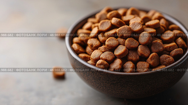 Dry pet food in a bowl showcasing a close-up view of kibble. Сухой корм для домашних животных в миске, крупным планом показаны кусочки. Стоковое AI-изображение, AI-художник Katsiaryna Repich / Фотобанк Лори