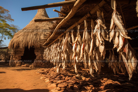 Drying fish hanging from wooden structure in front of traditional hut. Стоковое AI-изображение, AI-художник Иван Рябоконь / Фотобанк Лори