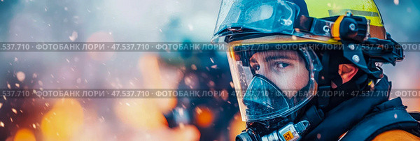 Duty Calls: A firefighter's unwavering resolve amidst the blaze. Стоковое AI-изображение, AI-художник Данила Большаков / Фотобанк Лори