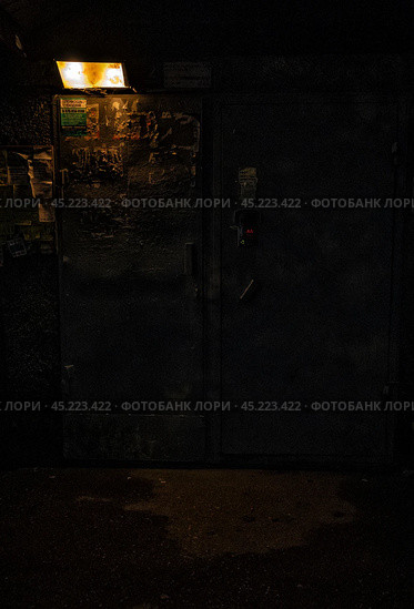 Дверь подъезда в тусклом свете светильника. Стоковое фото, фотограф Илья Старков / Фотобанк Лори