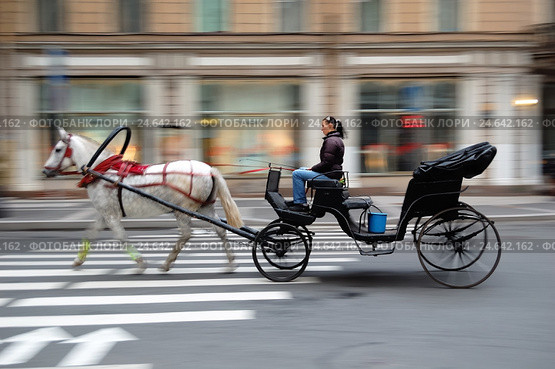 Движение кареты с лошадью на улице города (2009 год). Редакционное фото, фотограф Иван Козлович / Фотобанк Лори
