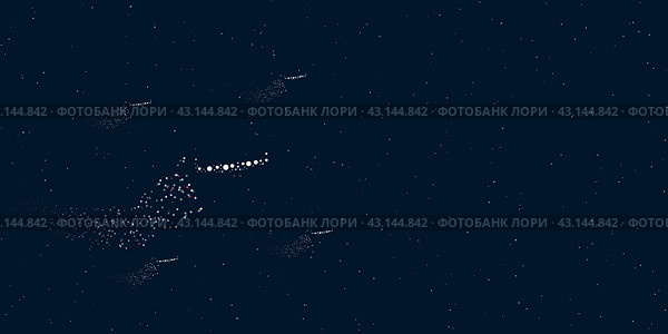 Двуручная пила, испещренная точками, летит сквозь звезды, оставляя за собой след. Четыре маленьких символа вокруг. Справа пустое место для текста. Иллюстрация на темно-синем фоне со звездами. Стоковая иллюстрация, иллюстратор Карпенко Алексей / Фотобанк Лори