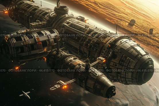 Dynamic 3D render of a space station orbiting a distant planet, with spaceships docking and departing, created by ai. Стоковое AI-изображение, AI-художник Виталий Сова / Фотобанк Лори