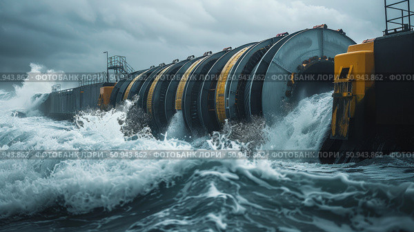 Dynamic and powerful waves crash forcefully against the coastal barrier during intense stormy weather conditions. Стоковое AI-изображение, AI-художник Anastasy Yarmolovich / Фотобанк Лори